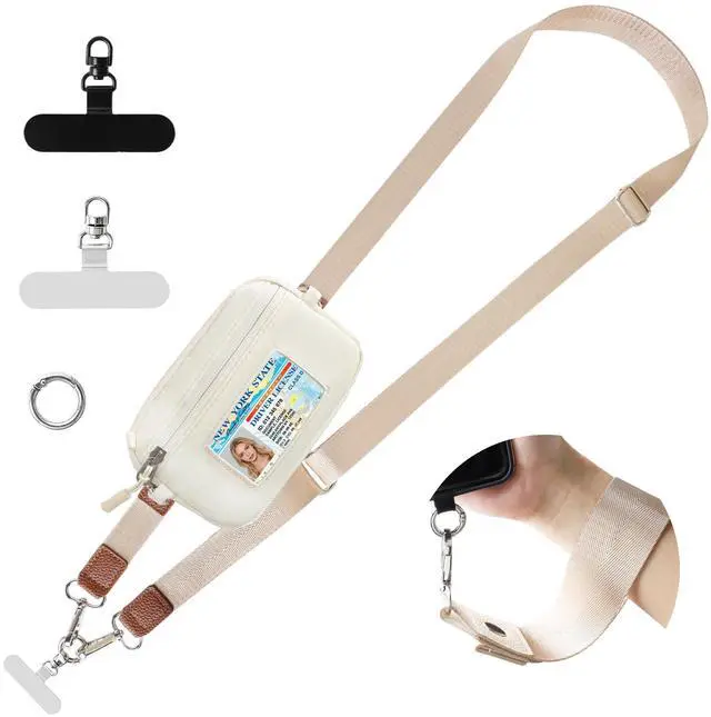 Main image of Clip and Go Strap for Phone with Wallet Crossbody, Cell Phone Lanyard Crossbody for Women Men, Adjustable Strap with Detachable RFID Wristlet Wallet for Teacher (Beige)