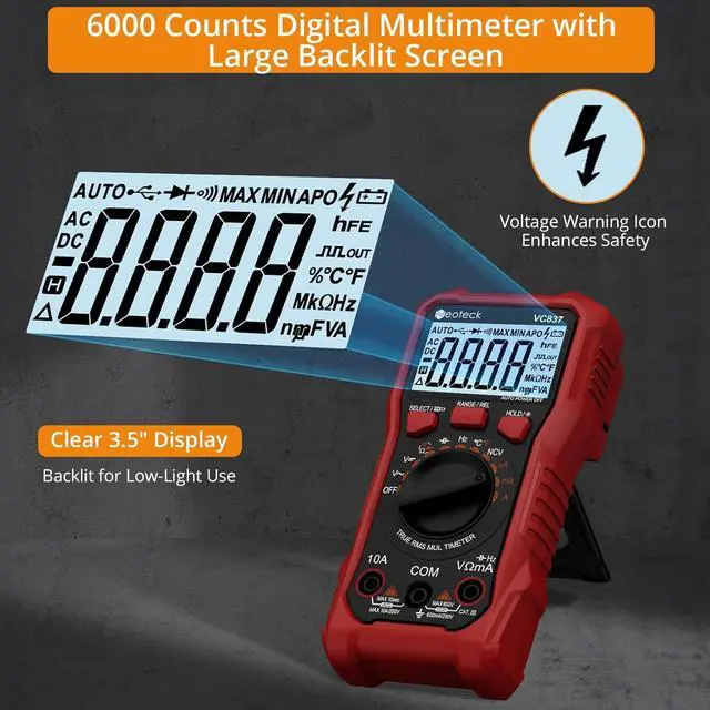 Alt view image 3 of 7 - 6000 Counts True RMS Digital Multimeter,Auto Range Multimeter with NCV,AC/DC Voltage Current Resistance Capacitance Frequency Temperature Duty Cycle Voltmeter for Home Automotive Electrician