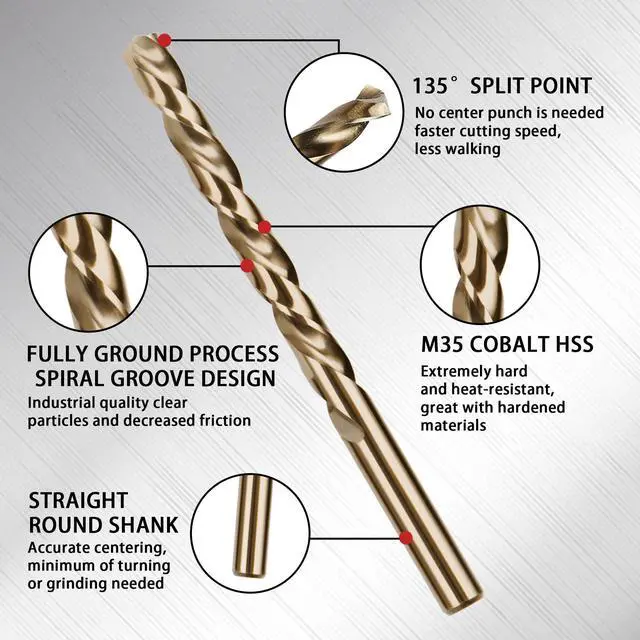 Alt view image 2 of 7 - 13Pcs Cobalt Drill Bit Set, M35 HSS, SAE (1/16" - 1/4"), 135° Tip, Twist Jobber Length Drill Bit Kit for Hardened Metal, Stainless Steel, Cast Iron, Plastic and Wood, Indexed Storage Case