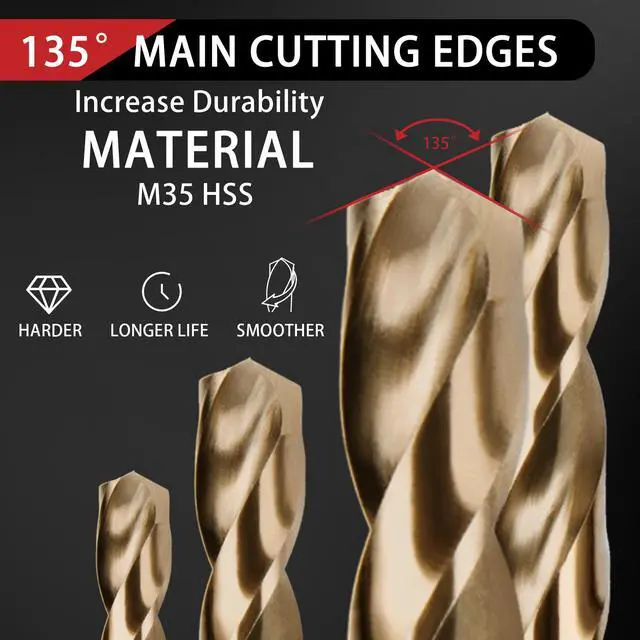 Alt view image 4 of 7 - 13Pcs Cobalt Drill Bit Set, M35 HSS, SAE (1/16" - 1/4"), 135° Tip, Twist Jobber Length Drill Bit Kit for Hardened Metal, Stainless Steel, Cast Iron, Plastic and Wood, Indexed Storage Case