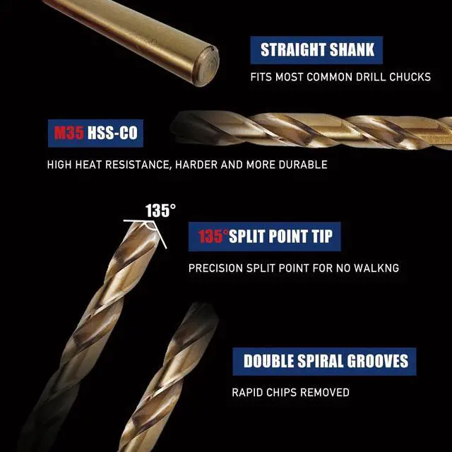 Alt view image 3 of 7 - 13pcs Cobalt Drill Bits Set, M35 High Speed Steel 135 Degree Tip Twist Jobber Drill Bits Set for Hardened Metal Stainless Steel Cast Iron Wood Plastic with Index Storage Box (1/16"-1/4")