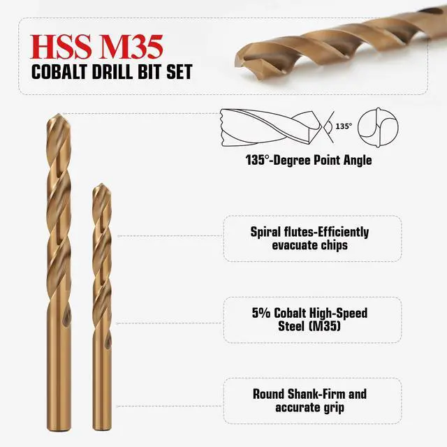 Alt view image 2 of 7 - 13pcs Cobalt Drill Bit Set, M35 High Speed Steel Drill Bit Set (1/16"-1/4") for Hardened Metal, Stainless Steel, Cast Iron and Wood Plastic with Indexed Storage Case