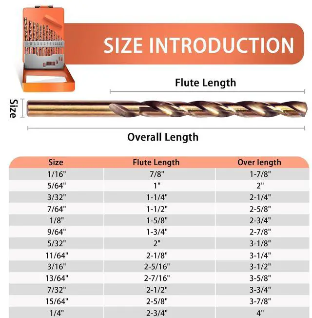 Alt view image 4 of 7 - 13PCS Cobalt Drill Bit Set(1/16"-1/4"), M35 High Speed Steel, 135 Degree Tip, Twist Jobber Length Drill Bits Set for Hard Metal, Stainless Steel, Cast Iron and Wood with Metal Storage Case