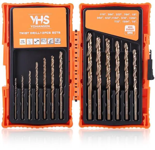 Main image of 13Pcs Cobalt Drill Bit Set (1/16"-1/4"), M35 High Speed Steel, Twist Jobber Length for Hardened Metal, Stainless Steel, Cast Iron, Wood, and Plastics, with Index Storage Box
