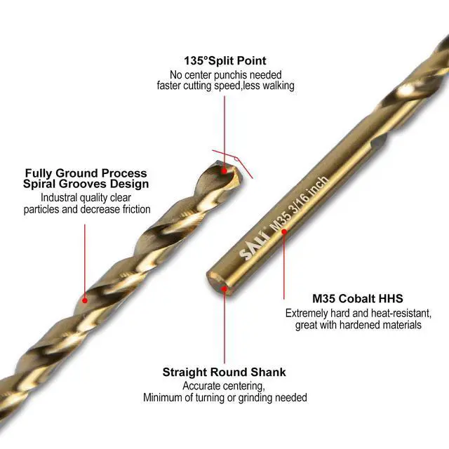 Alt view image 3 of 6 - Cobalt Drill Bit Set, 10Pcs 3/16" M35 High Speed Steel Jobber Length Drill Bit Kit for Hardened Metal, Stainless Steel, Cast Iron, Wood and Plastic, with Index Storage Case