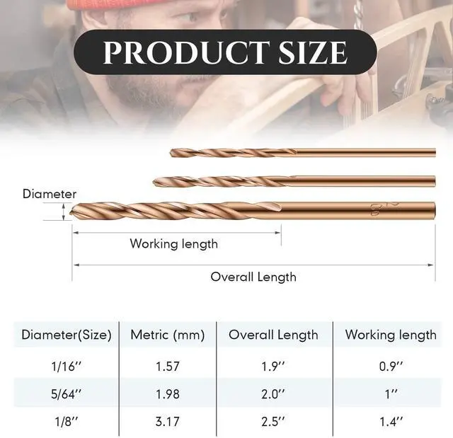 Alt view image 2 of 7 - 15 Pieces 1/16" 1/8" 5/64" Drill Bit M35 High Speed Steel Twist Cobalt Drill Bit Set for Hardened Metal Stainless Steel Cast Iron Woodwork Plastic (1/16 Inch,1/8 Inch,5/64 Inch)