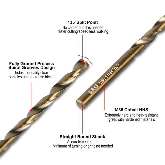 Alt view image 3 of 6 - Cobalt Drill Bit Set, 10Pcs 11/64" M35 High Speed Steel Jobber Length Drill Bit Kit for Hardened Metal, Stainless Steel, Cast Iron, Wood and Plastic, with Index Storage Case