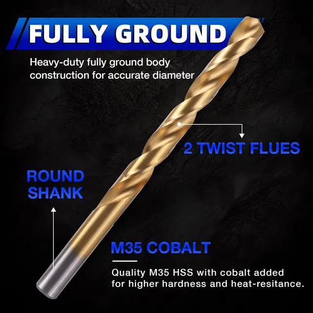 Alt view image 2 of 7 - Cobalt Drill Bit Set, 13Pcs (1/16"-1/4") M35 Fully Grounded 5% Cobalt Bits for Hardened Metals, Stainless Steel, Cast Iron and Wooden Plastics, with Index Storage Case