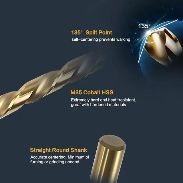 Alt view image 2 of 7 - 3/16" Cobalt Drill Bit Set (10Pcs), M35 HSS, 135 Degree Tip, Twist Jobber Length for Hardened Metal, Stainless Steel, Cast Iron, Wood, and Plastics, with Index Storage Case