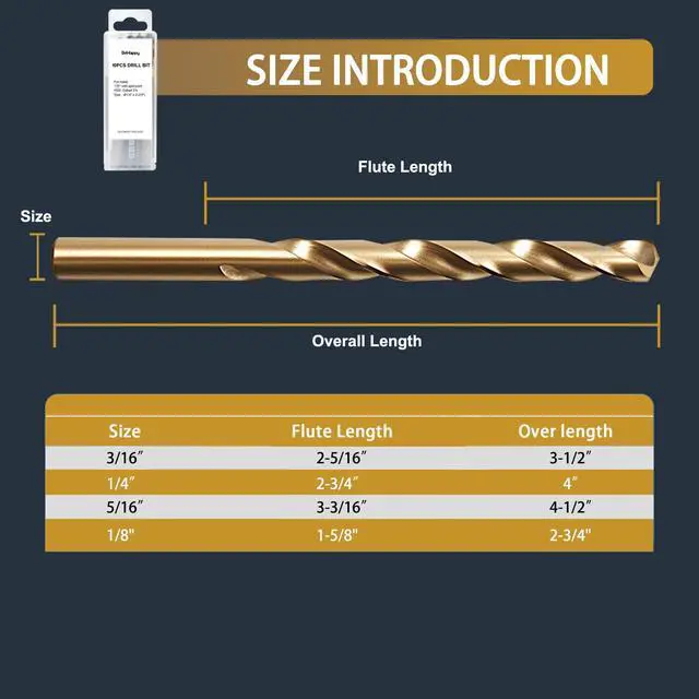 Alt view image 4 of 7 - 3/16" Cobalt Drill Bit Set (10Pcs), M35 HSS, 135 Degree Tip, Twist Jobber Length for Hardened Metal, Stainless Steel, Cast Iron, Wood, and Plastics, with Index Storage Case