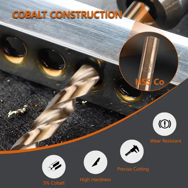 Alt view image 3 of 7 - 13-Piece M35 Cobalt Drill Bit Set, Metric 1.5mm - 6.5mm, 5% Cobalt HSS-Co Jobber Length Twist Bits for Hardened Steel, Stainless Steel & Cast Iron, Fully Ground 135° Split Point in Metal Case