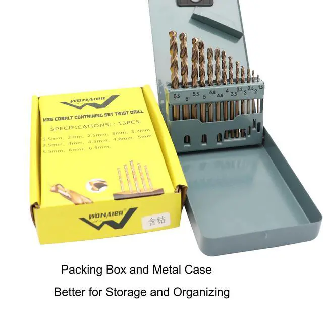 Alt view image 6 of 6 - M35 Cobalt Drill Bit Set HSS Twist Drill Bits Set Jobber Length Round Shank for Stainless Steel, Hard Metal, Cast Iron, Plastic and Wood with Metal Storage Case (1/16-1/4 Inch, 13PCS)