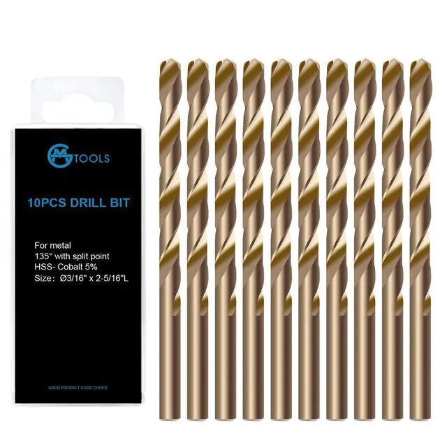 Main image of 3/16 inch Cobalt Drill Bits, M35 HSS, 135 Degree Tip, Jobber Length Twist Drill Bit Set for Hard Metal, Stainless Steel, Cast Iron, Wood and Plastic, with Storage Case, Pack of 10