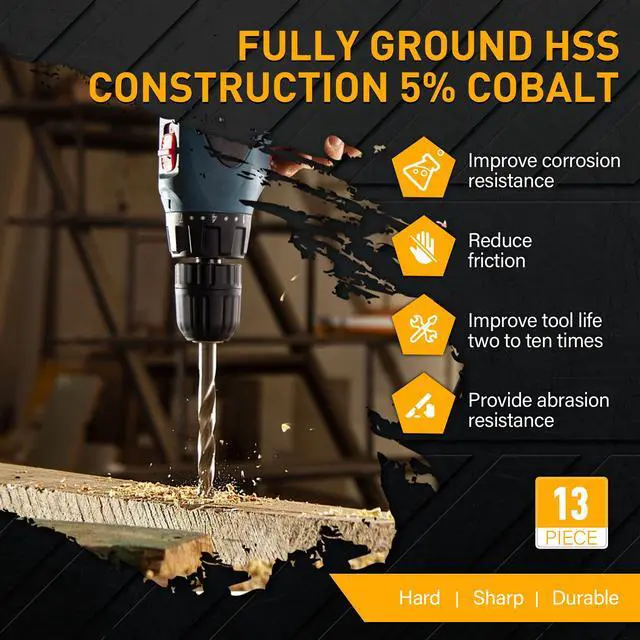 Alt view image 7 of 7 - 13Pcs Cobalt Drill Bit Set, M35 HSS Jobber Length Drill Bit for Hardened Metal, Cast Iron, Stainless Steel, Plastic, and Wood, 1/16" - 1/4"