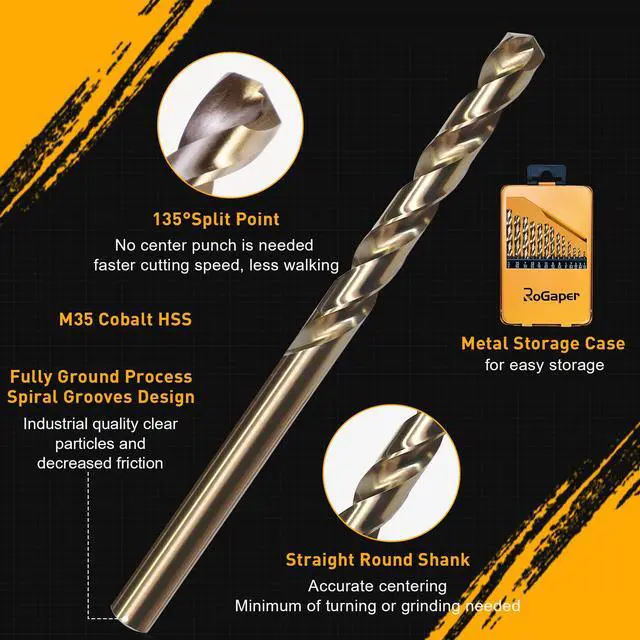 Alt view image 2 of 7 - 13Pcs Cobalt Drill Bit Set, M35 HSS Jobber Length Drill Bit for Hardened Metal, Cast Iron, Stainless Steel, Plastic, and Wood, 1/16" - 1/4"