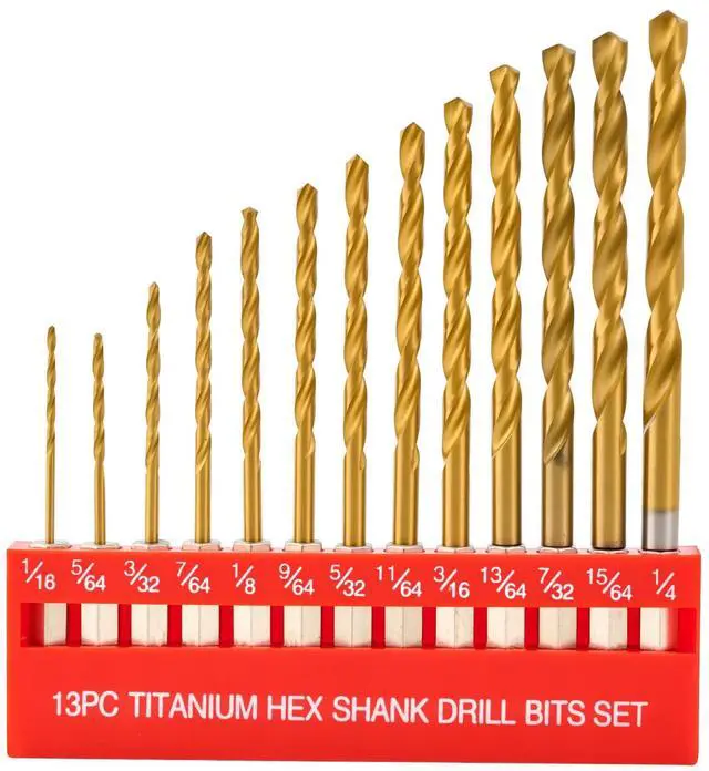 Main image of 13pcs HSS Drill Bit Set, Titanium Coating High Speed Steel Drill Bit Set (1/16"-1/4") for Sheet Metal, Wood, Plastic, Quick Change Design