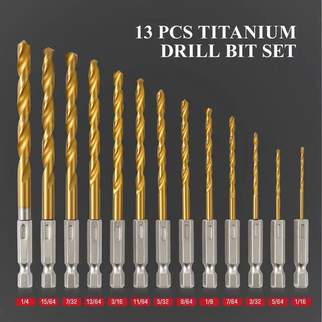 Alt view image 5 of 7 - 13pcs HSS Drill Bit Set, Titanium Coating High Speed Steel Drill Bit Set (1/16"-1/4") for Sheet Metal, Wood, Plastic, Quick Change Design