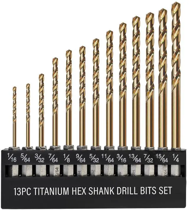 Main image of 13 PCS Titanium Coated Hex Shank Drill Bit Set, HSS Twist Drill Bit Sets, Impact Driver Drill Bits for Wood, Steel, Metal, Plastic, Quick Change Design (1/16-1/4)