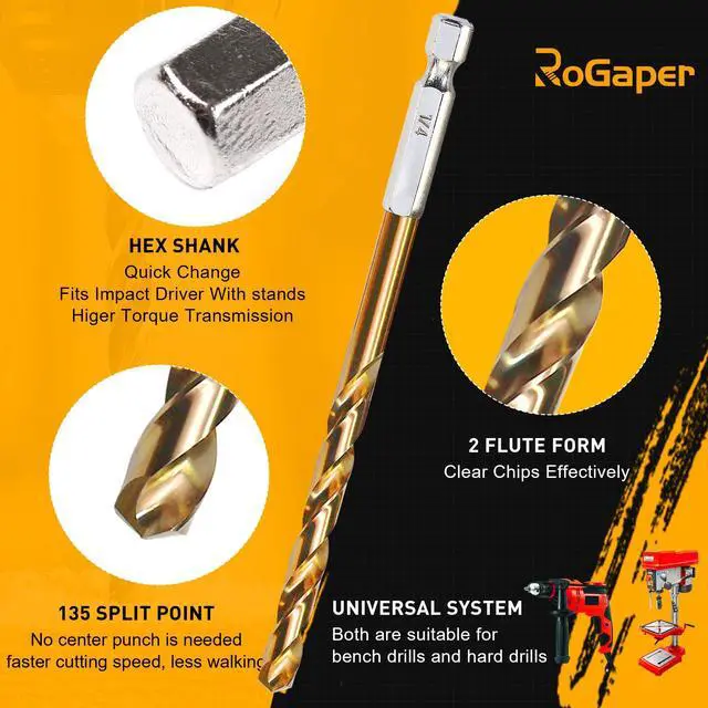 Alt view image 4 of 7 - 13 PCS Titanium Coated Hex Shank Drill Bit Set, HSS Twist Drill Bit Sets, Impact Driver Drill Bits for Wood, Steel, Metal, Plastic, Quick Change Design (1/16-1/4)