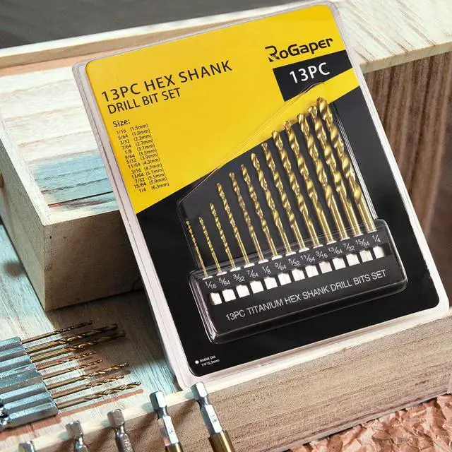 Alt view image 7 of 7 - 13 PCS Titanium Coated Hex Shank Drill Bit Set, HSS Twist Drill Bit Sets, Impact Driver Drill Bits for Wood, Steel, Metal, Plastic, Quick Change Design (1/16-1/4)