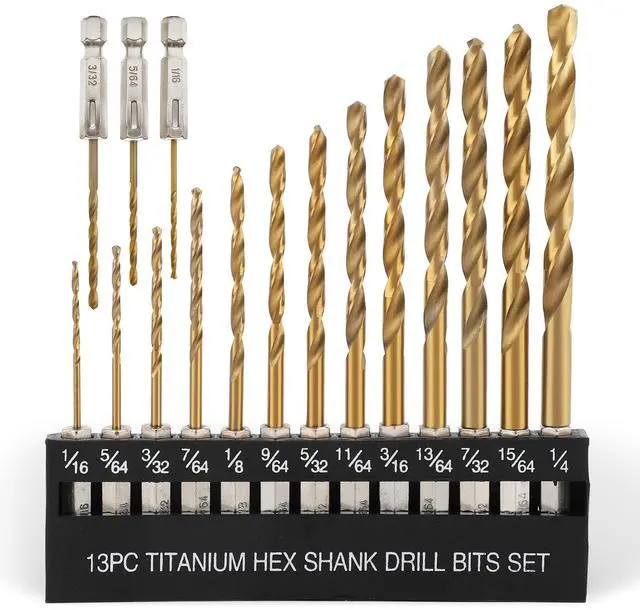 Main image of Titanium Twist Drill Bit Set - 16 Pcs Hex Shank High Speed Steel for Wood Plastic Aluminum Alloy, Quick Change, 1/16"-1/4"