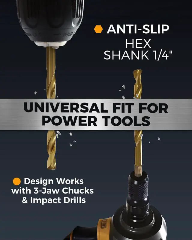 Alt view image 6 of 7 - Titanium Twist Drill Bit Set - 16 Pcs Hex Shank High Speed Steel for Wood Plastic Aluminum Alloy, Quick Change, 1/16"-1/4"