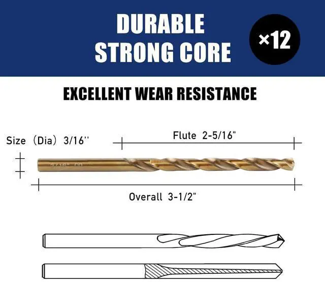 Alt view image 2 of 7 - 12pcs 3/16" Cobalt Drill Bits, M35 High Speed Steel 135 Degree Tip Heavy Duty Jobber Metal Drill Bits Set for Hardened Metal Stainless Steel Cast Iron Wood Plastic