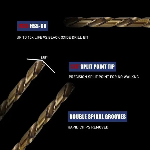 Alt view image 4 of 7 - 12pcs 3/16" Cobalt Drill Bits, M35 High Speed Steel 135 Degree Tip Heavy Duty Jobber Metal Drill Bits Set for Hardened Metal Stainless Steel Cast Iron Wood Plastic
