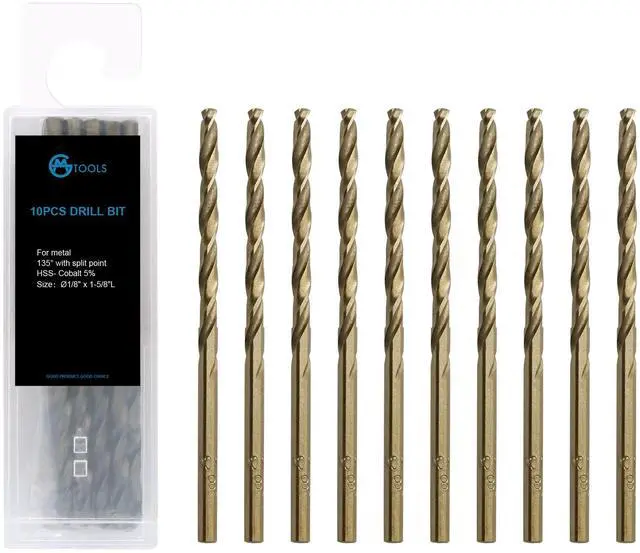 Main image of 1/8 inch Cobalt Drill Bits, M35 HSS, 135 Degree Tip, Jobber Length Twist Drill Bit Set for Hard Metal, Stainless Steel, Cast Iron, Wood and Plastic, with Storage Case, Pack of 10