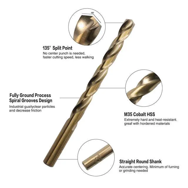 Alt view image 2 of 6 - 1/8 inch Cobalt Drill Bits, M35 HSS, 135 Degree Tip, Jobber Length Twist Drill Bit Set for Hard Metal, Stainless Steel, Cast Iron, Wood and Plastic, with Storage Case, Pack of 10