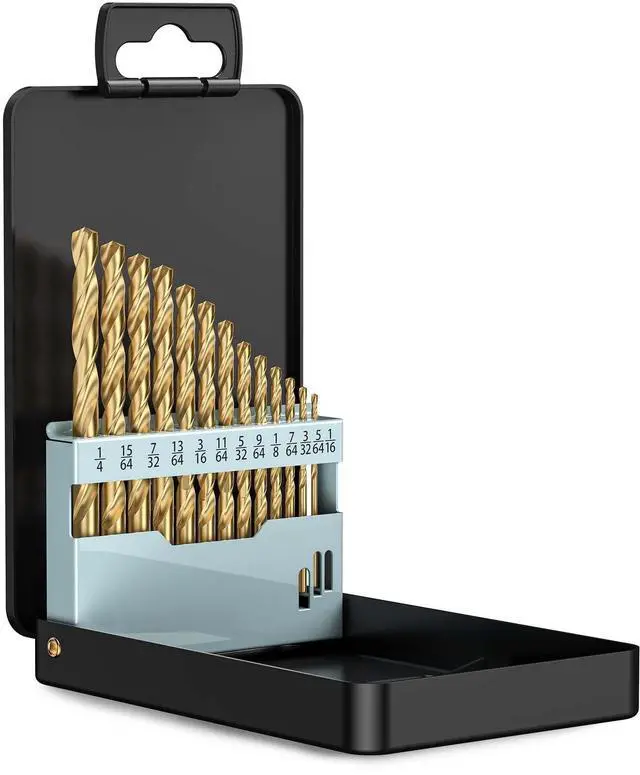 Main image of 13-Piece HSS Drill Bit Set, Titanium Coating High-Speed Steel Drill Bits from 1/16" to 1/4" for Metal, Steel, Cast Iron and Plastic - Comes with Indexed Storage Case