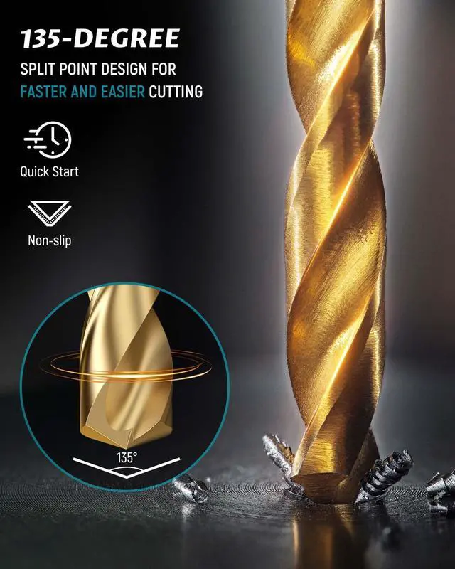 Alt view image 4 of 7 - 13-Piece HSS Drill Bit Set, Titanium Coating High-Speed Steel Drill Bits from 1/16" to 1/4" for Metal, Steel, Cast Iron and Plastic - Comes with Indexed Storage Case