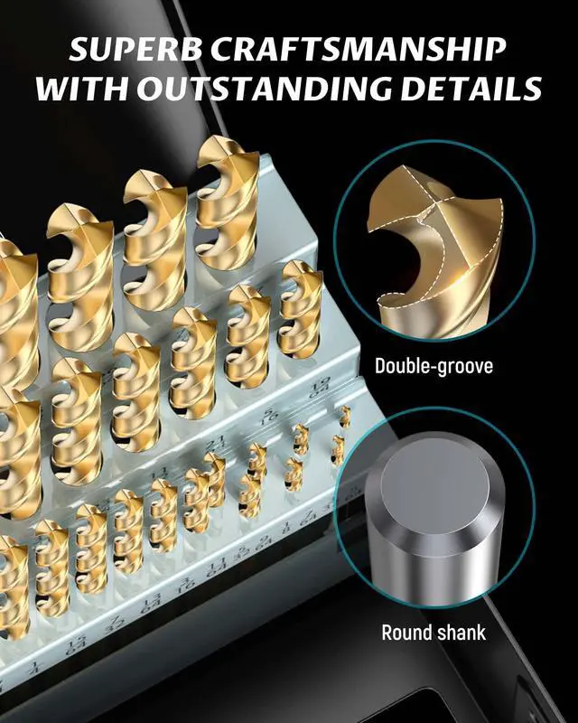 Alt view image 6 of 7 - 13-Piece HSS Drill Bit Set, Titanium Coating High-Speed Steel Drill Bits from 1/16" to 1/4" for Metal, Steel, Cast Iron and Plastic - Comes with Indexed Storage Case