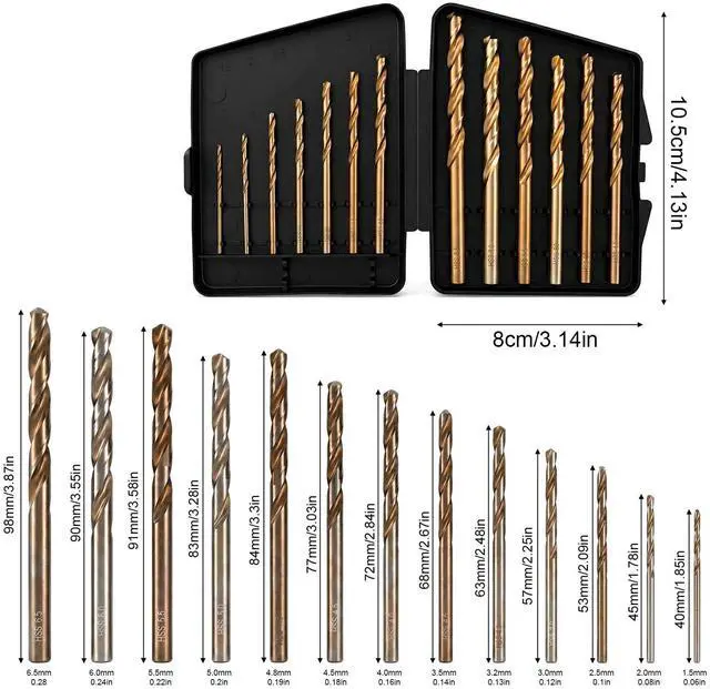 Alt view image 2 of 7 - 13Pcs Metal Drill Bit Set, 1/16"-1/4" M35 High Speed Stainless Steel Drill Bit, 135° Tip, Carbide Drills Bits for Hardened Metal Cast Iron Copper Aluminum Wood and Plastic with Index Storage Case