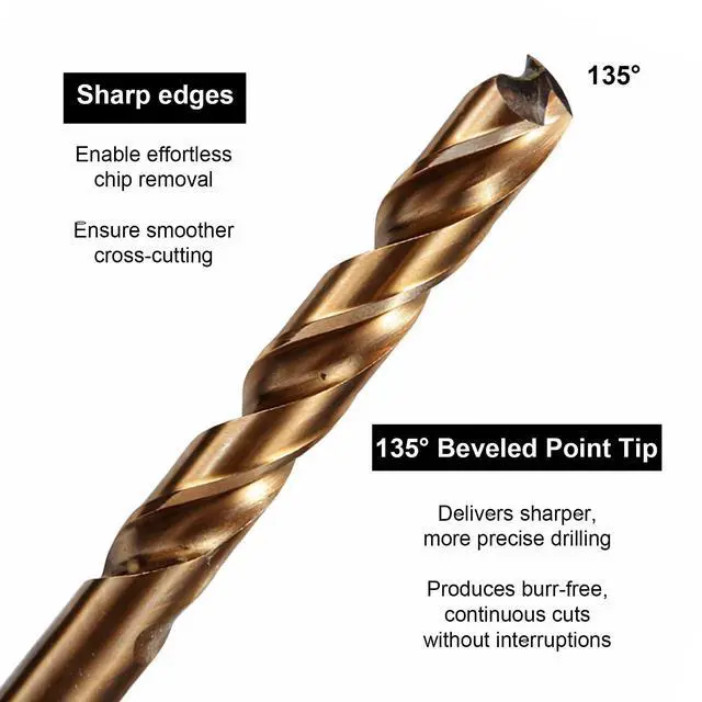 Alt view image 3 of 7 - 13Pcs Metal Drill Bit Set, 1/16"-1/4" M35 High Speed Stainless Steel Drill Bit, 135° Tip, Carbide Drills Bits for Hardened Metal Cast Iron Copper Aluminum Wood and Plastic with Index Storage Case