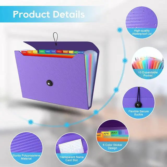 Alt view image 4 of 7 - Accordion File Organizer, Expanding File Folder for Sorting Documents and Papers, 13 Pockets File Storage Organizer for Home, Travel and Office Use (Purple)