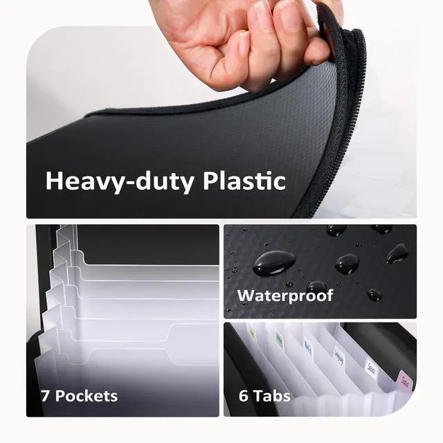 Alt view image 4 of 7 - 7 Pockets Accordion File Organizer, Zipper Expanding File Folder, Heavy Duty Folder Organizer, Sleek Letter Size Accordion Folder, Portable Expandable File Folder, 14 x 11.2 Inch, Black
