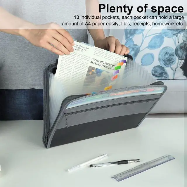 Alt view image 2 of 7 - Expanding File Folder, 13 Pockets Document Organizer with Zipper, A4 Letter Size Portable Accordion Expanding File Folders with 27pcs Multicolor Labels for Home Office School Supplies (Black)