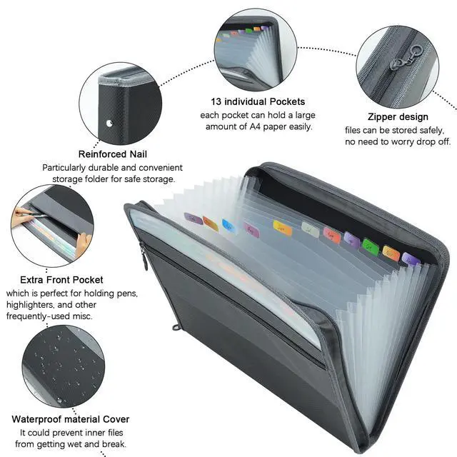Alt view image 3 of 7 - Expanding File Folder, 13 Pockets Document Organizer with Zipper, A4 Letter Size Portable Accordion Expanding File Folders with 27pcs Multicolor Labels for Home Office School Supplies (Black)