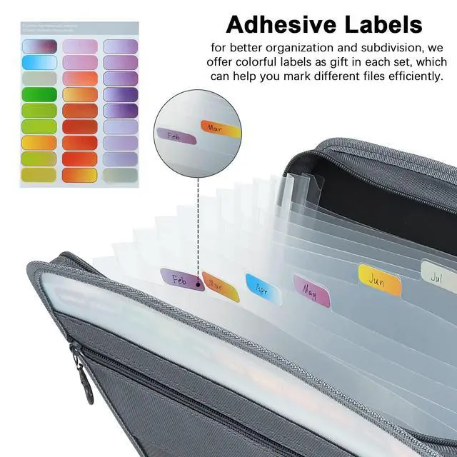 Alt view image 5 of 7 - Expanding File Folder, 13 Pockets Document Organizer with Zipper, A4 Letter Size Portable Accordion Expanding File Folders with 27pcs Multicolor Labels for Home Office School Supplies (Black)