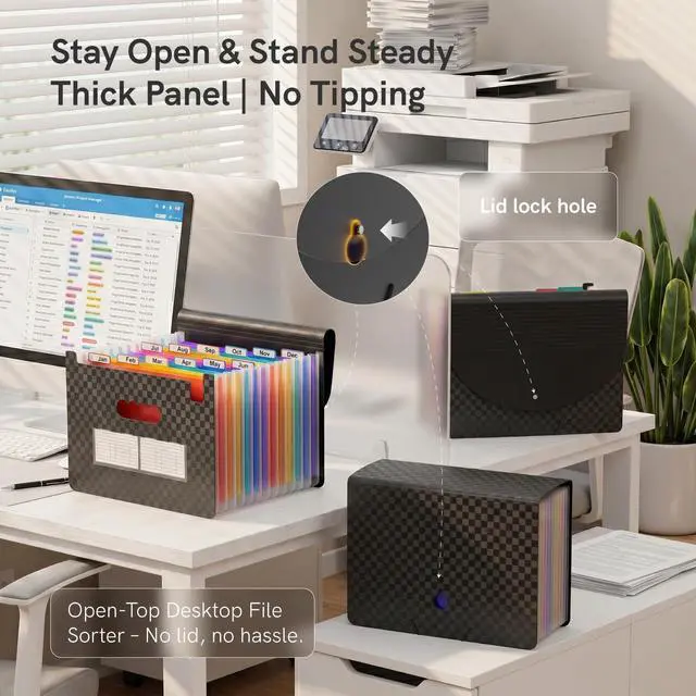 Alt view image 3 of 6 - 12-Pocket Accordion File Organizer, Expandable File Folder with Colorful A-Z Tabs, Portable Bill & Receipt Organizer, Desktop Letter/A4 Document Storage for Home & Office-Black Matt