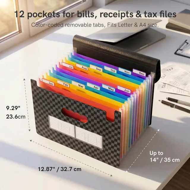 Alt view image 5 of 6 - 12-Pocket Accordion File Organizer, Expandable File Folder with Colorful A-Z Tabs, Portable Bill & Receipt Organizer, Desktop Letter/A4 Document Storage for Home & Office-Black Matt