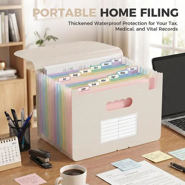 Alt view image 6 of 7 - 13 Pocket Expanding File Folder, Accordion Document Organizer with Monthly Labels, A4 & Letter Size for Tax Records, Medical Files, Receipts, Home Office Brown