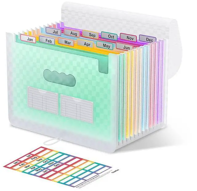 Main image of Accordion File Organizer, 12 - Pocket Expanding File Folders for Paper Receipts, Bills & Taxes Organizer, Letter/A4 Size Document Holder for School, Office, Home with Colorful tabs- Green