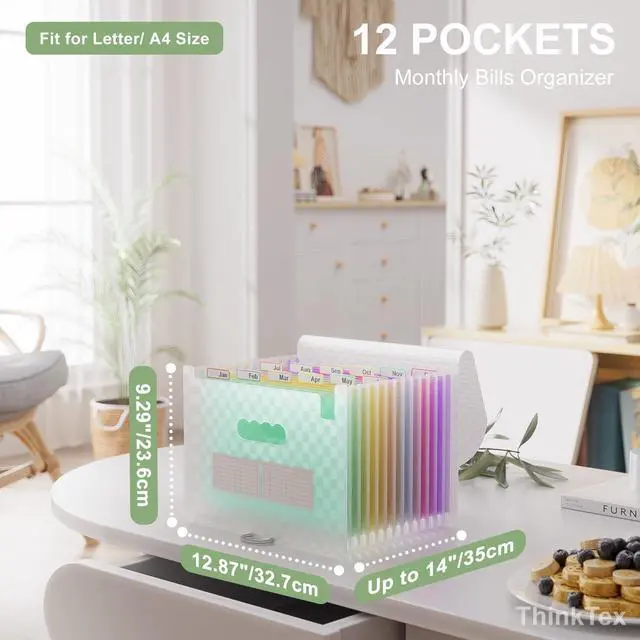 Alt view image 2 of 6 - Accordion File Organizer, 12 - Pocket Expanding File Folders for Paper Receipts, Bills & Taxes Organizer, Letter/A4 Size Document Holder for School, Office, Home with Colorful tabs- Green