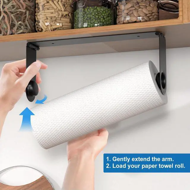 Alt view image 2 of 7 - 2026 Upgraded Paper Towel Holder Under Cabinet, Adhesive Wall Mount Paper Towel Holders, Fits Standard Jumbo MEGA Rolls, No Drilling Hanging Paper Towel Roll Rack for Kitchen, Stainless Steel, Black