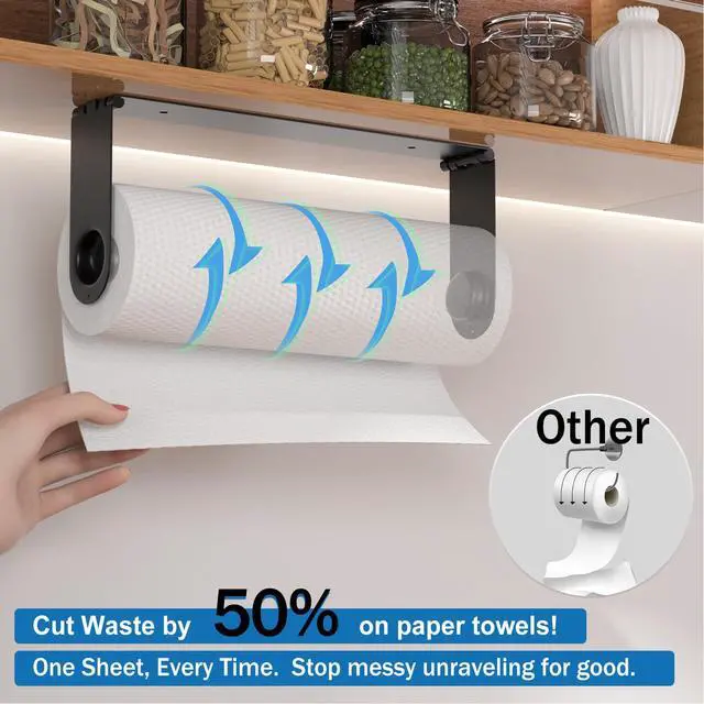 Alt view image 3 of 7 - 2026 Upgraded Paper Towel Holder Under Cabinet, Adhesive Wall Mount Paper Towel Holders, Fits Standard Jumbo MEGA Rolls, No Drilling Hanging Paper Towel Roll Rack for Kitchen, Stainless Steel, Black
