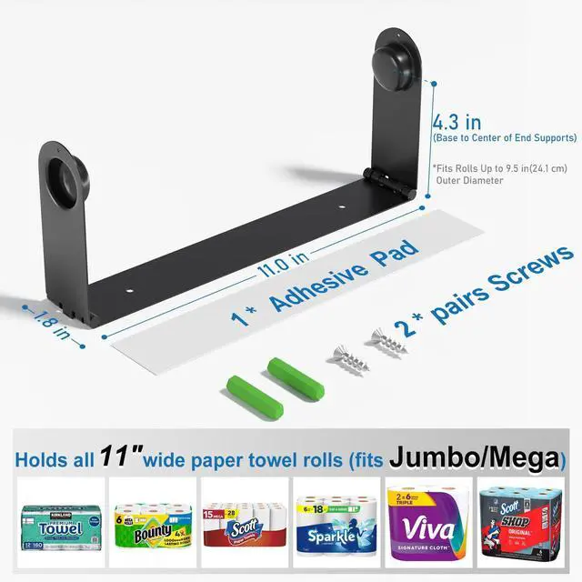 Alt view image 4 of 7 - 2026 Upgraded Paper Towel Holder Under Cabinet, Adhesive Wall Mount Paper Towel Holders, Fits Standard Jumbo MEGA Rolls, No Drilling Hanging Paper Towel Roll Rack for Kitchen, Stainless Steel, Black