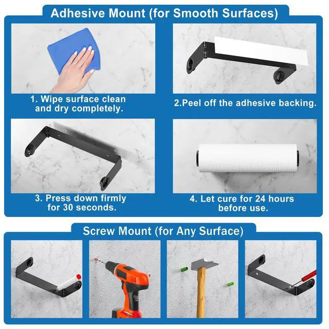 Alt view image 6 of 7 - 2026 Upgraded Paper Towel Holder Under Cabinet, Adhesive Wall Mount Paper Towel Holders, Fits Standard Jumbo MEGA Rolls, No Drilling Hanging Paper Towel Roll Rack for Kitchen, Stainless Steel, Black