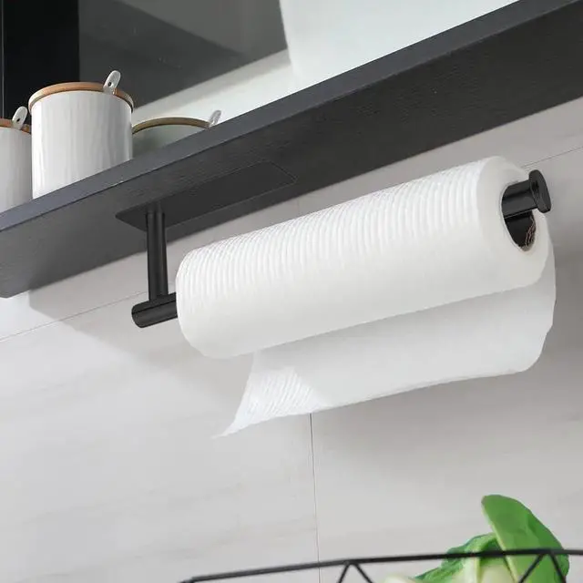 Alt view image 2 of 7 - Paper Towel Holder - Under Cabinet Paper Towel Bar for Kitchen, Wall Mount Self Adhesive or Drilling Paper Towel Rack, 304 Stainless Steel (Black)